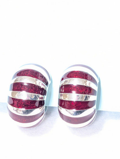 Tiffany & Co. 925 Sterling Silver Red Enamel Shell Shrimp Hoop Clip On Earrings