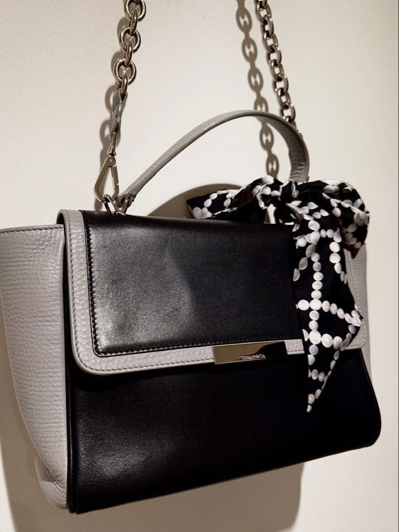 TIFFANY & CO Color Block 2 Way Chain Shoulder Hand Bag Black Gray Leather