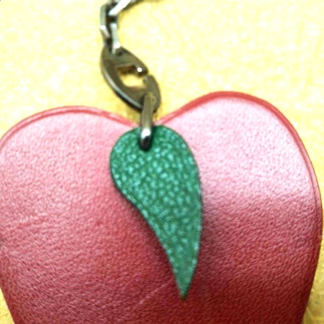 Hermes Apple Charm Bag Charm Key Ring Red Burgundy Leather Silver Chain Auth