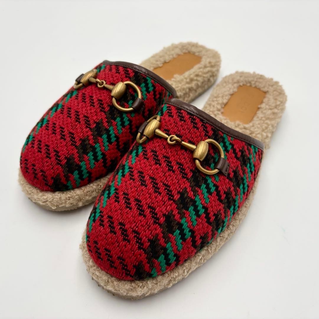 Gucci Horsebit Boa Slippers Slip-On Sandals Houndstooth Tweed Size 36 US 6 Women