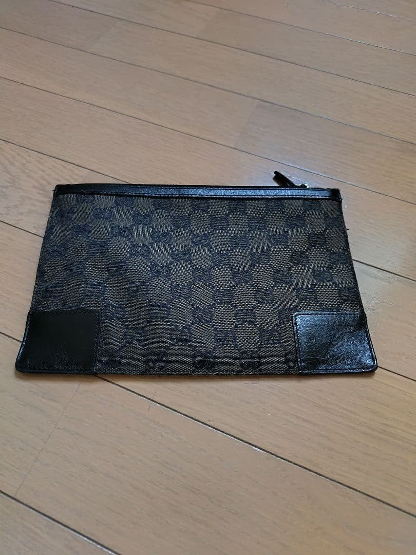 Gucci GG Dark Brown Canvas Leather Pouch 15 x 22.5cm 5.9 x 8.9 in