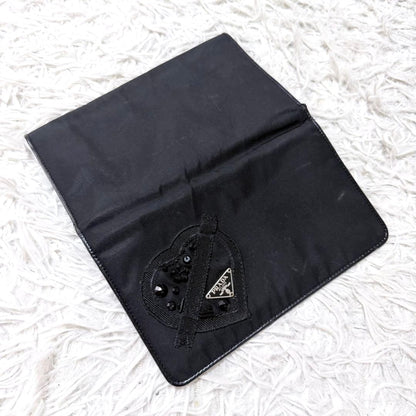 PRADA Milano Long Wallet Bifold Black Nylon Heart Beaded Triangle Logo Authentic