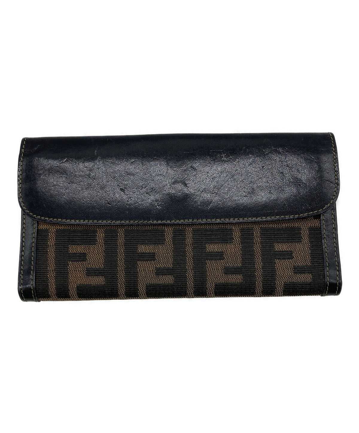 FENDI Zucca Long Wallet Bifold Brown Black Canvas Leather Snap Clasp Italy