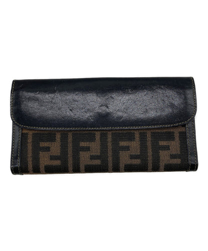 FENDI Zucca Long Wallet Bifold Brown Black Canvas Leather Snap Clasp Italy