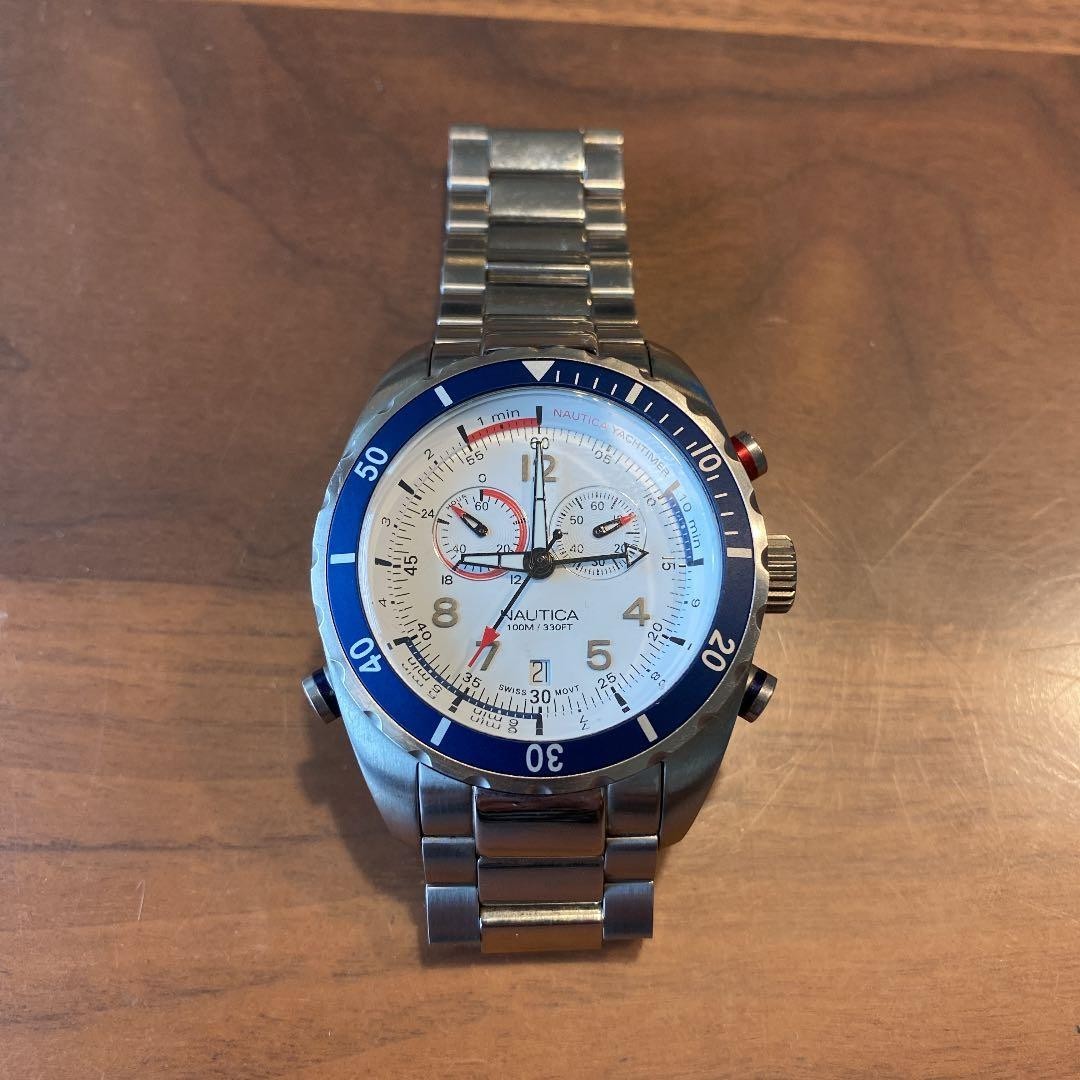 NAUTICA Yachtimer A34502 Chronograph Mens Watch White Dial Steel Swiss Made 44mm