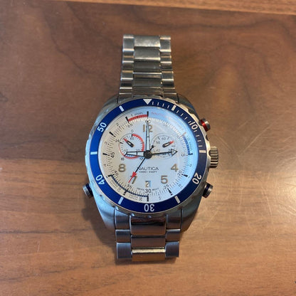 NAUTICA Yachtimer A34502 Chronograph Mens Watch White Dial Steel Swiss Made 44mm