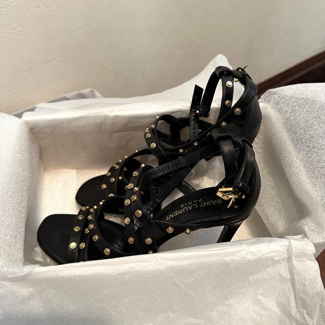 Saint Laurent Paris YSL Black Leather Studded Sandals Heels Size 36.5 US 6.5