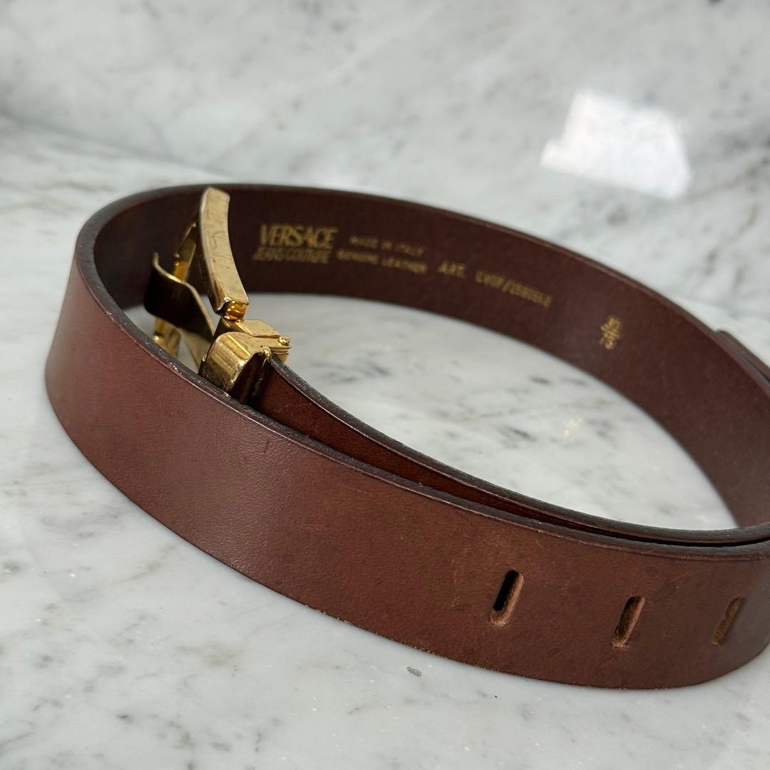 Versace VJC Brown Leather Belt Gold Buckle L 86.5cm 34in 30/75 Women