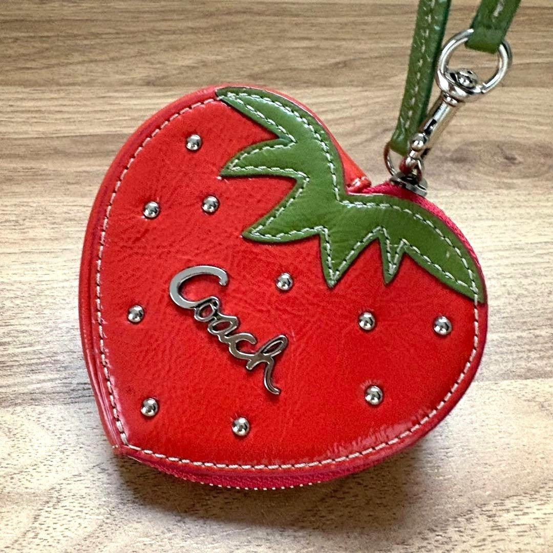 Vintage COACH Strawberry Coin Case Purse Charm Red Patent Leather Heart Shape