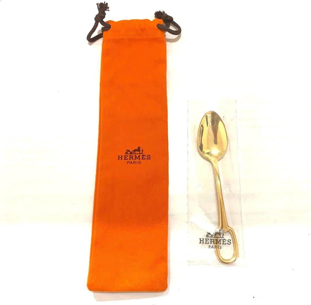 Hermès Attelage Gold Tone Spoon Cutlery Tableware 5.3in New Unused Auth Paris