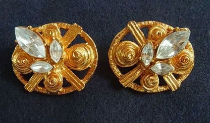Christian Lacroix Vintage Clip On Earrings Used 3x2.5cm Gold Tone Rhinestone