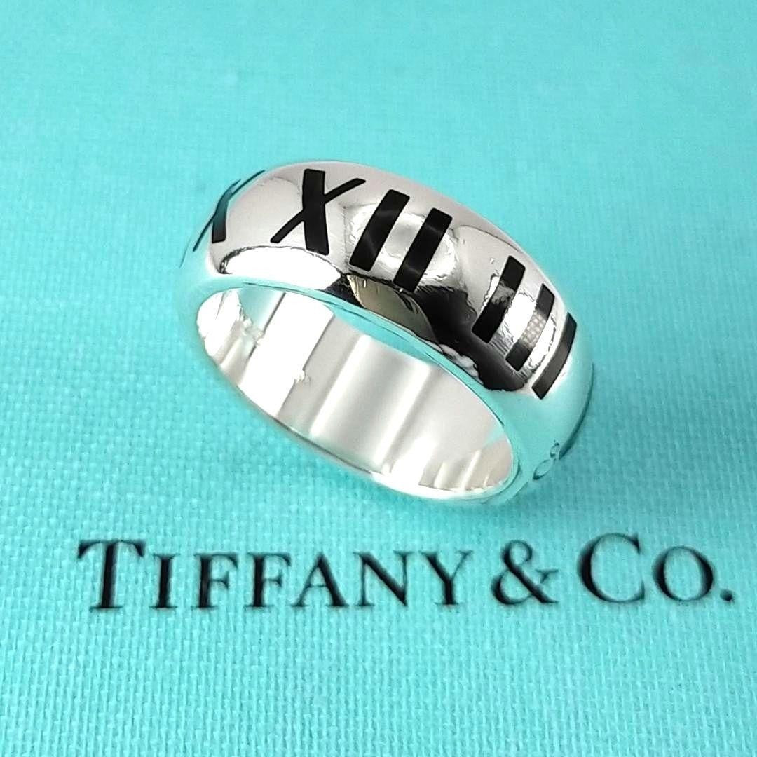 Tiffany & Co Silver 925 Wide Atlas Black Enamel Roman Numerals Ring Size US 7
