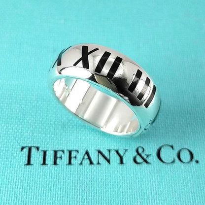 Tiffany & Co Silver 925 Wide Atlas Black Enamel Roman Numerals Ring Size US 7