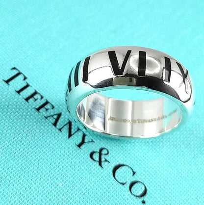 Tiffany & Co Silver 925 Wide Atlas Black Enamel Roman Numerals Ring Size US 7
