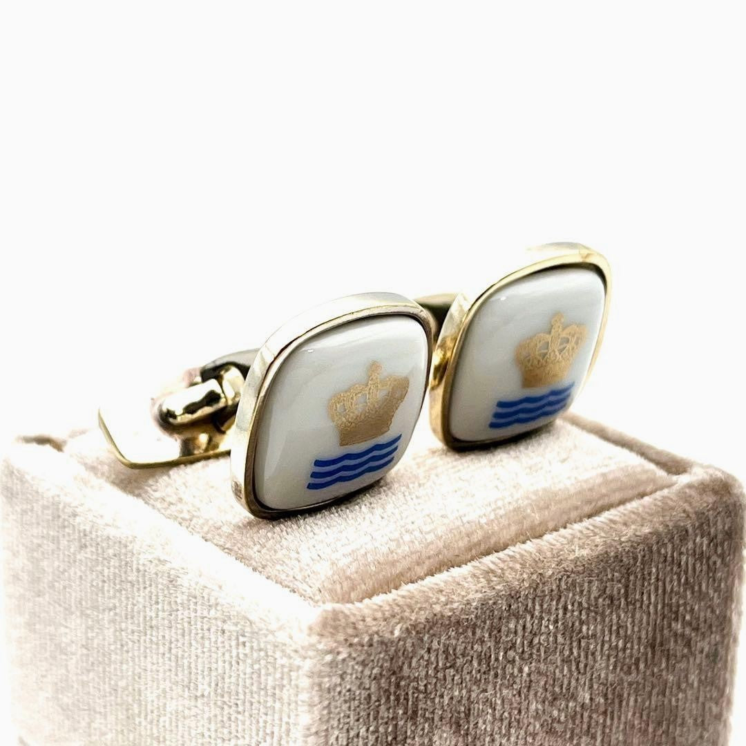 Georg Jensen x Royal Copenhagen Cufflinks White Porcelain Gold Crown Denmark