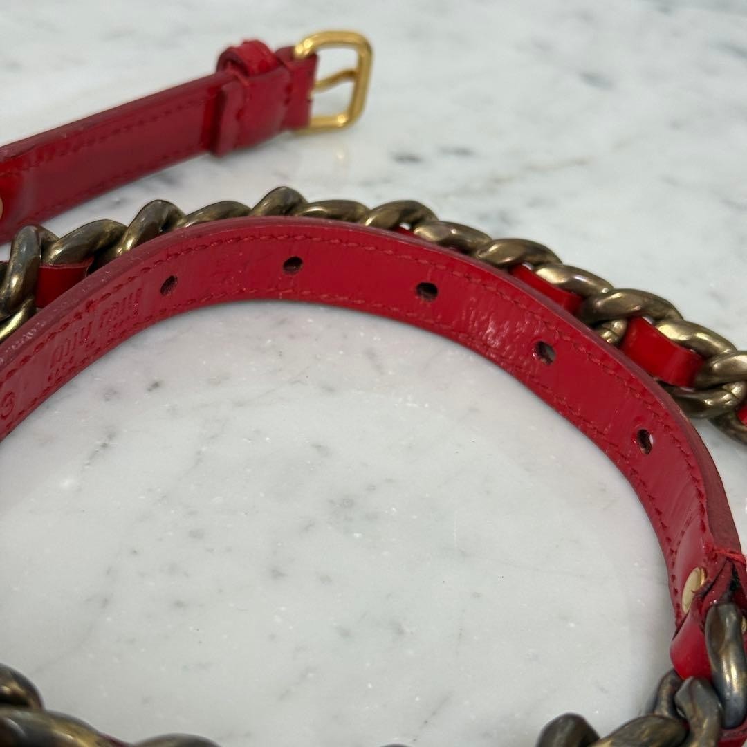 Authentic Miu Miu Red Patent Leather Chain Belt Women L 101cm 39.7in