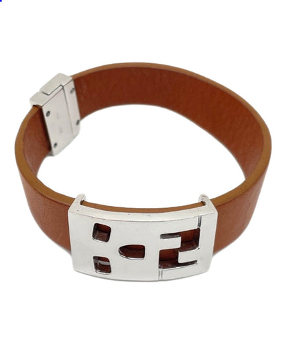 FENDI FF Zucca Logo Buckle Leather Bracelet Brown Silver 925 Cuff Bangle Unisex