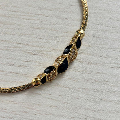 Christian Dior Rhinestone Gold Black Necklace Length 16.5" Used Japan Vintage