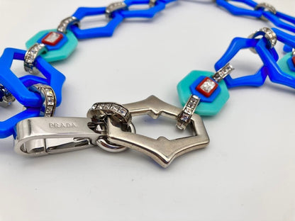 Prada Rhinestone Jewel Plastic Chain Shoulder Strap Blue Silver 90 cm 35.4"