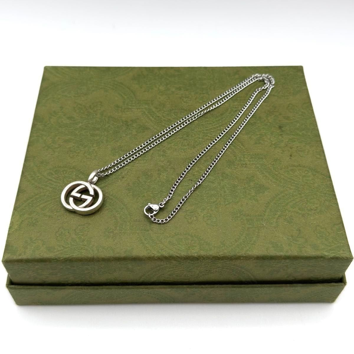 Gucci Authentic Interlocking Double G 925 Pendant Necklace Silver 15x20mm 50 cm