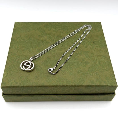 Gucci Authentic Interlocking Double G 925 Pendant Necklace Silver 15x20mm 50 cm