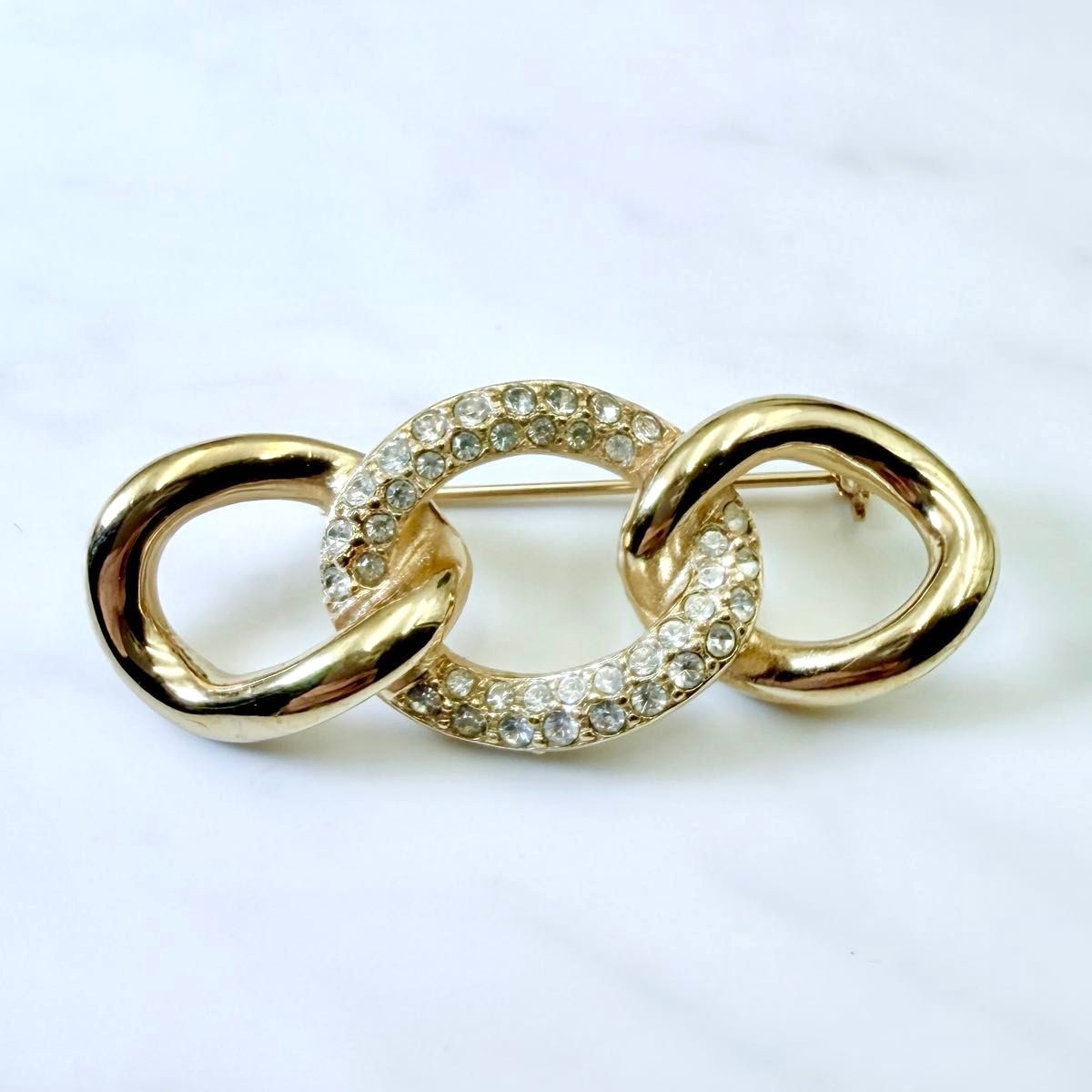 Christian Dior Vintage Brooch Gold Tone Chain Link Rhinestone Pin Signed Jewelry
