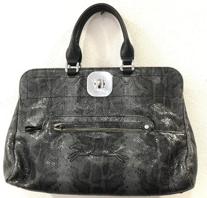 Longchamp Turn Lock Handbag Tote Exotic Leather Gray Silver HW Auth 11x15.7"