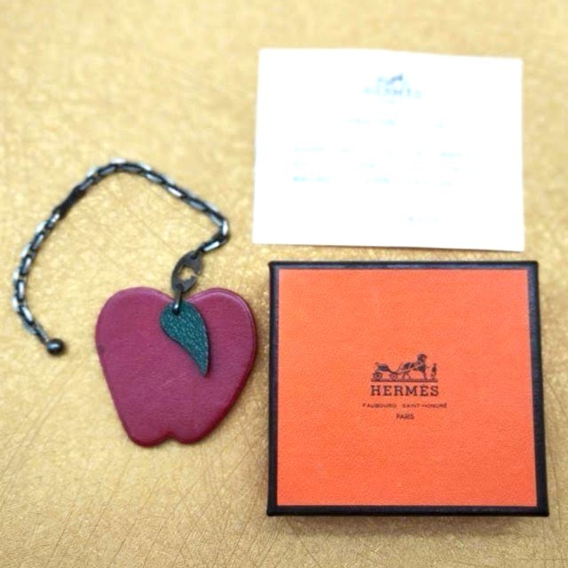Hermes Apple Charm Bag Charm Key Ring Red Burgundy Leather Silver Chain Auth