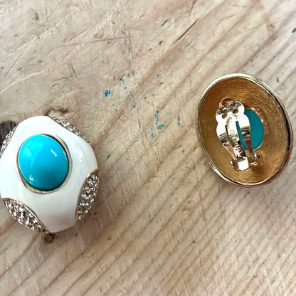 CINER Vintage Clip-On Earrings Turquoise Cabochon Cream Enamel Crystal Gold Tone
