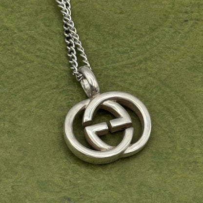 Gucci Authentic Interlocking Double G 925 Pendant Necklace Silver 15x20mm 50 cm