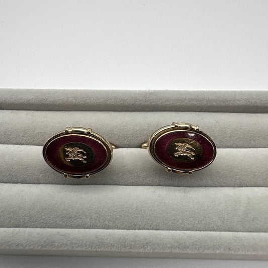 Burberry Auth Red Enamel Oval Cufflinks Gold Engraving 2.0 cm 0.8" Clinch Back
