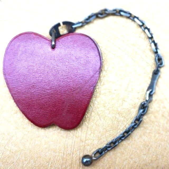 Hermes Apple Charm Bag Charm Key Ring Red Burgundy Leather Silver Chain Auth