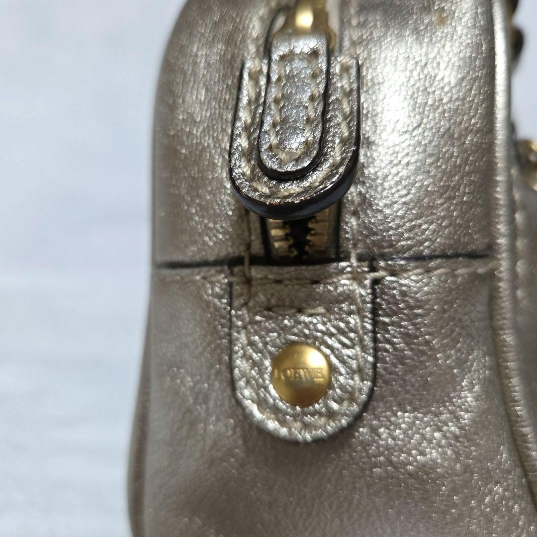 Auth LOEWE Madrid Anagram Tassel Leather Mini Boston Bag Champagne Gold Vintage