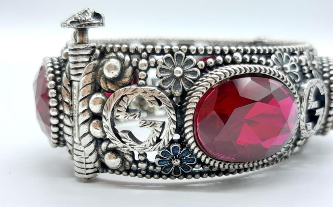 Gucci Sterling Silver 925 Interlocking GG Logo Red Gemstone Cat Head Bracelet