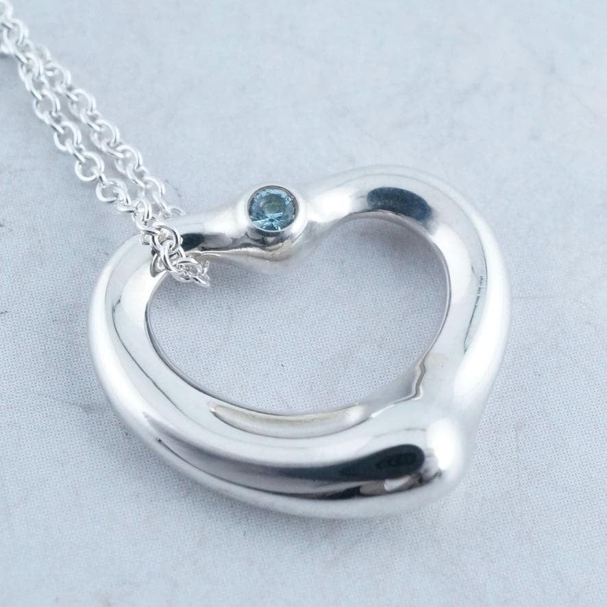 Excellent Tiffany & Co Aquamarine Silver 925 Open Heart Necklace Elsa Peretti