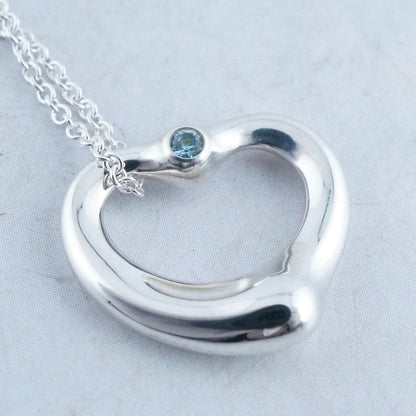Excellent Tiffany & Co Aquamarine Silver 925 Open Heart Necklace Elsa Peretti