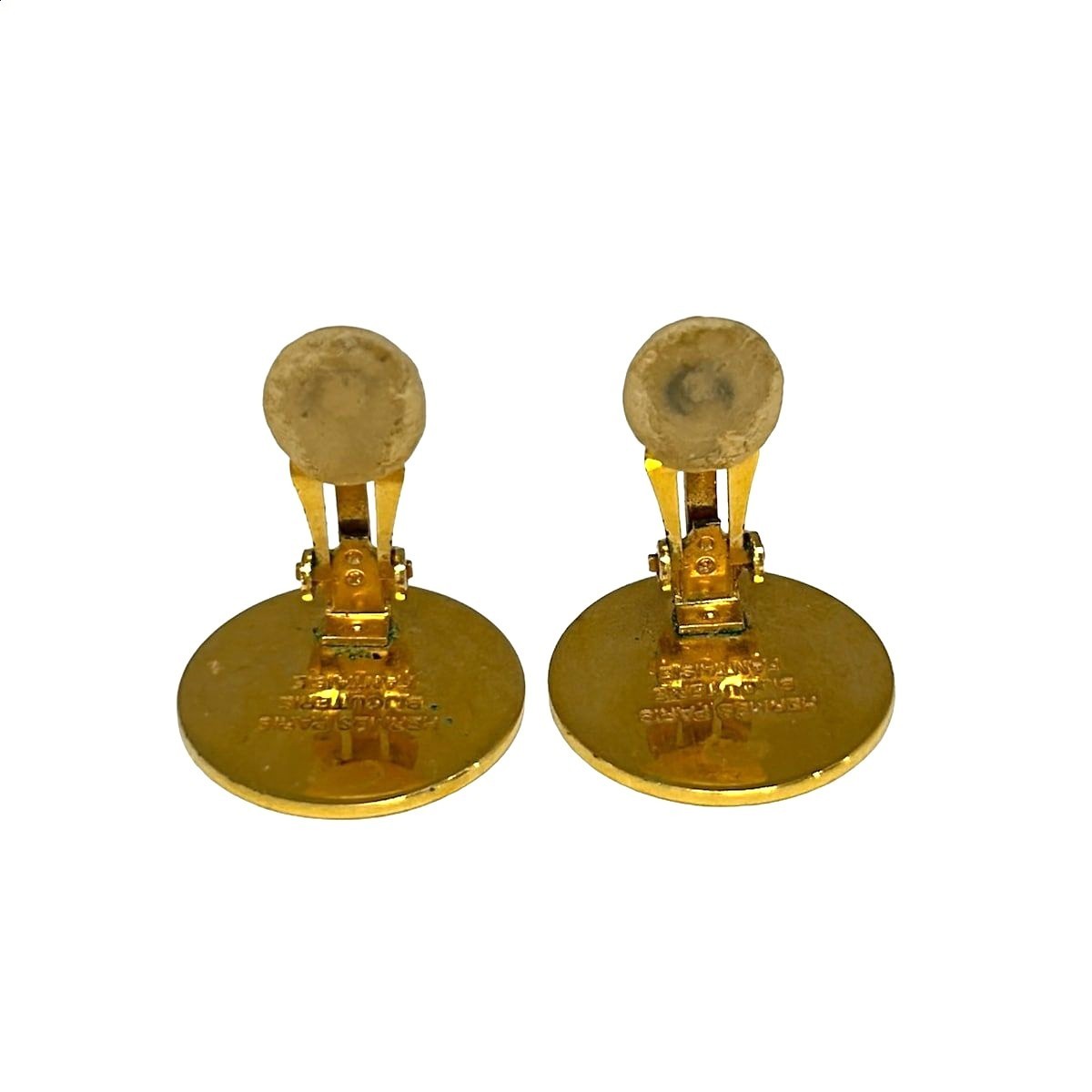 HERMES Serie Clip-On Earrings Gold Tone Metal Round Logo Vintage France Paris