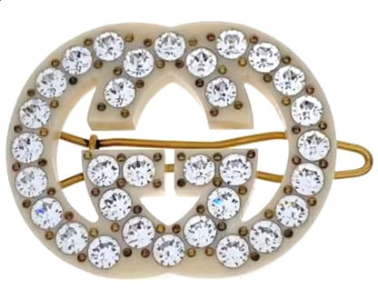 GUCCI Interlocking G Hair Clip Barrette Cream Crystal Gold HW Italy Authentic