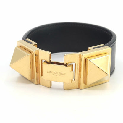 SAINT LAURENT YSL Gold Tone Studded Black Leather Bracelet Bangle L 15cm 5.9in