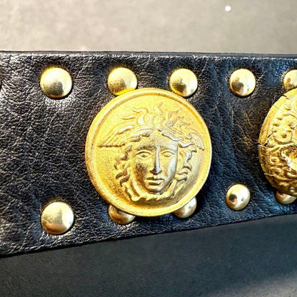 Versace Medusa Studded Black Leather Gold Hardware Belt Men L 80cm Vintage
