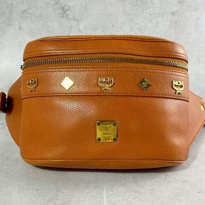 Rare MCM Brown Leather Body Bag Waist Bag Crossbody Gold Hardware Authentic
