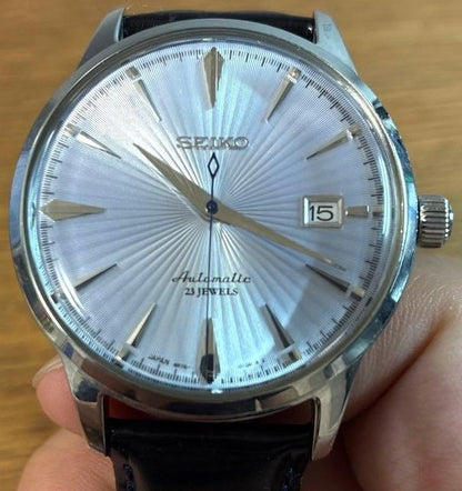 SEIKO Automatic 23 Jewels 6R15-01S0 Watch Silver Sunray Dial Date Leather Band