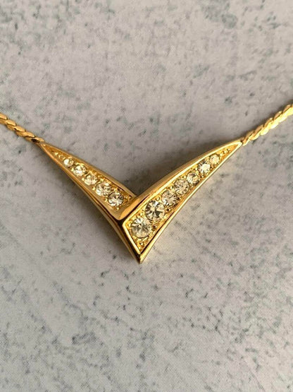 Christian Dior Gold Plated Rhinestone Charm Pendant Necklace Length 14"- 18"