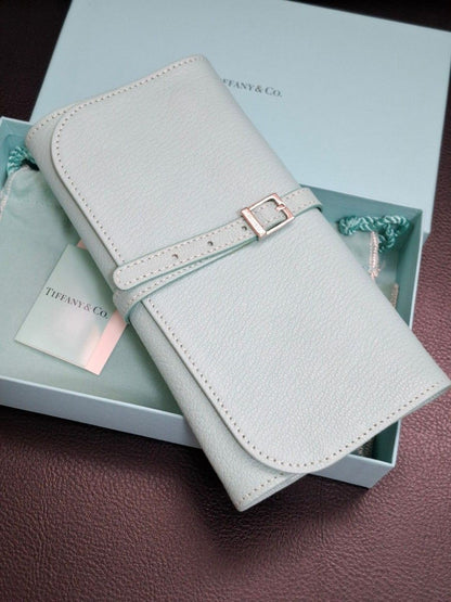 Tiffany & Co Tri Fold Wallet Multi Pouch Jewelry Case Organizer Black Leather