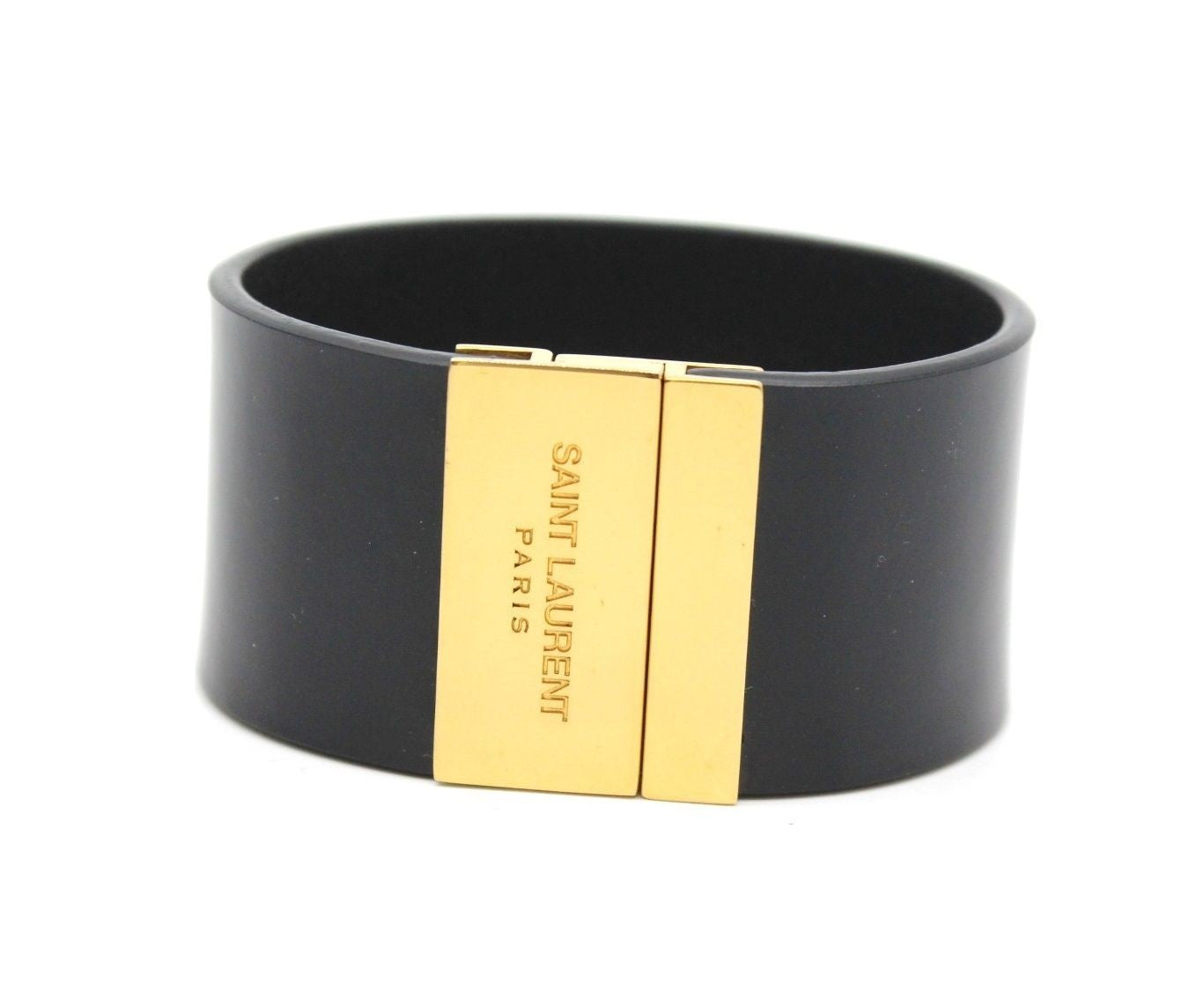 Saint Laurent Enamel Gold Tone Magnetic Closure Leather Bracelet Black Used