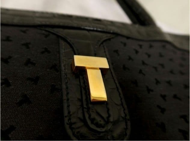 Tiffany & Co Canvas Crocodile embossed Black Leather Tote Bag Gold Hearware