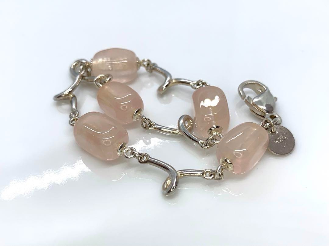 Tiffany & Co Silver 925 Pink Rose Quartz Bead Twist Link Bracelet 18.2cm 7.1"