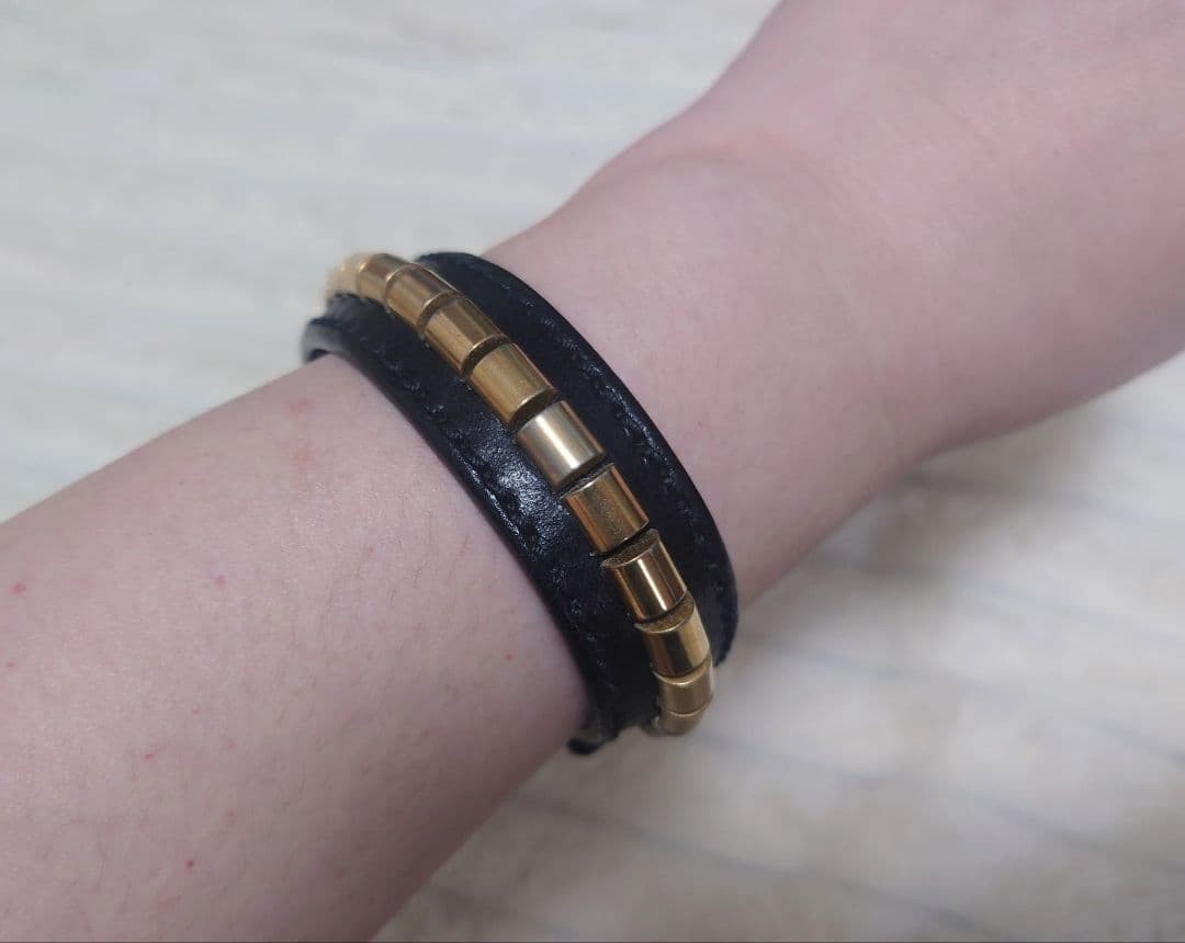Yves Saint Laurent Rive Gauche Black Leather Studs Bracelet L 21cm 8.2" Vintage