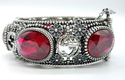 Gucci Sterling Silver 925 Interlocking GG Logo Red Gemstone Cat Head Bracelet