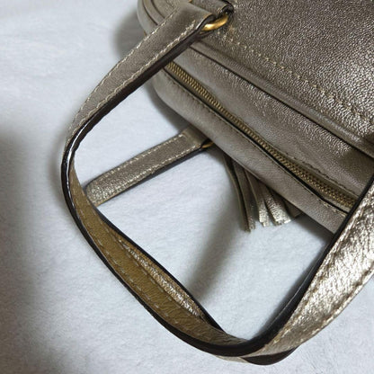 Auth LOEWE Madrid Anagram Tassel Leather Mini Boston Bag Champagne Gold Vintage